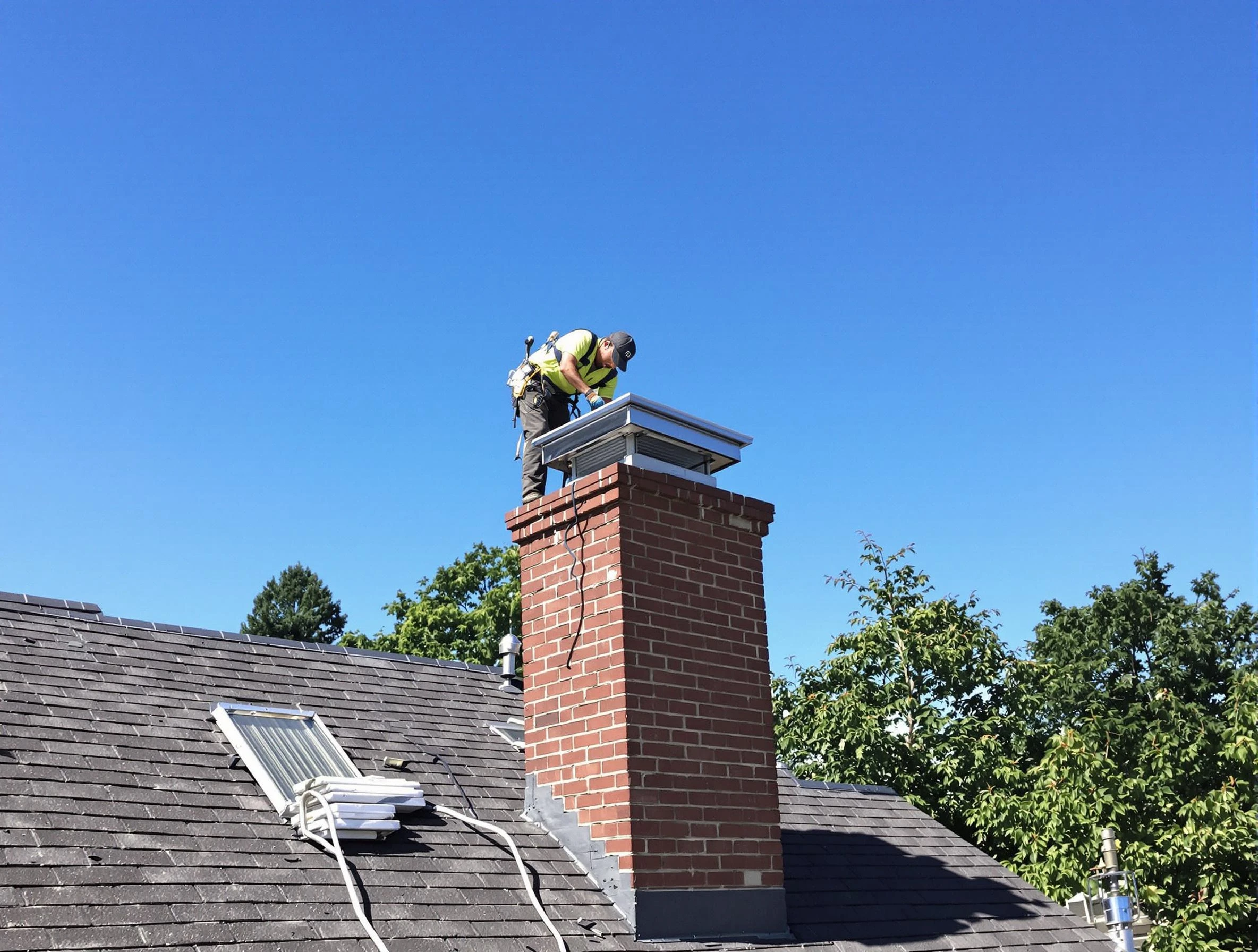 Chandler Chimney Sweep technician measuring a chimney cap in Chandler, AZ